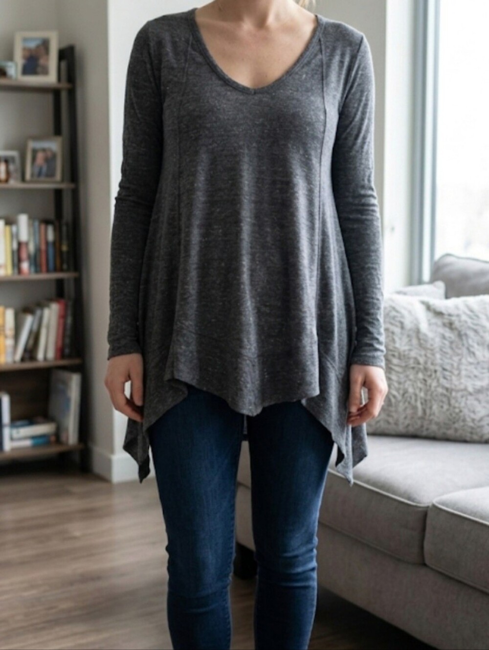 We The Free Charcoal Gray Oversized Long Sleeve V Neck Relaxed Casual Tunic Top